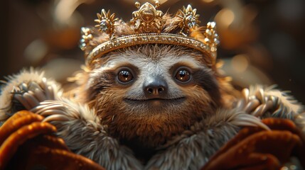   A sloth wearing a golden crown looks directly at the camera