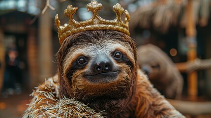 Naklejka premium A sloth wearing a crown sits next to another sloth in a zoo exhibit