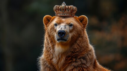 Obraz premium Brown bear wearing crown in blurry forest background