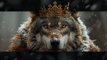   Wolf wearing crown, snowfall on fur, black background