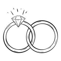 A black and white drawing of two wedding rings with a diamond in the middle