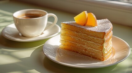   A slice of cake resting atop a white platter beside a mug of coffee on a windowsill