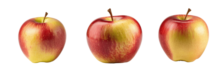 three red and yellow apples isolated on transparent background