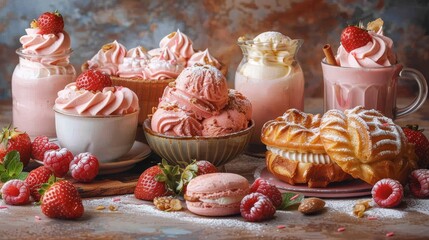   A table with various desserts on top and cups filled with ice cream and raspberries