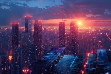 Solar panels amidst high-rises under twilight sky, city lights begin to twinkle, symbolizing sustainable urban energy. Graphic illustration of futuristic solar panels integrated into urban landscapes