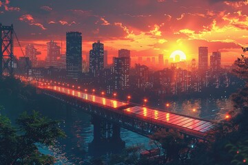 Sunset casts golden hues over cityscape, glowing bridge leads to bustling urban area, civilization coexist peacefully. Graphic illustration of futuristic solar panels integrated into urban landscapes
