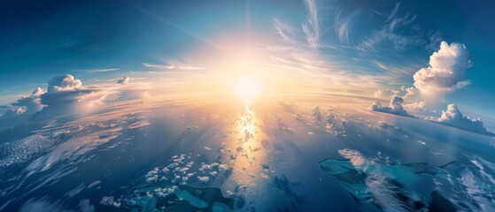 A breathtaking view of the Earth from space, with the sun casting its warm glow over an expansive ocean and land mass. The blue sky is dotted with clouds, creating a serene atmosphere that captures na - obrazy, fototapety, plakaty