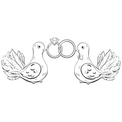 A monochrome illustration of two pigeons presenting wedding rings