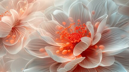   A close-up of a white flower with orange stamens - obrazy, fototapety, plakaty