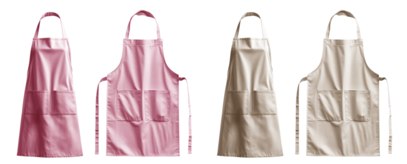 2 Set of pastel light pink beige blank apron restaurant cafe kitchen cook chef uniform, front and flay lay on transparent cutout, PNG file. Mockup template for artwork graphic design