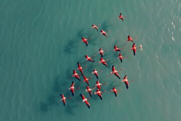 flock of flamingos in the Sardinian salt flats - obrazy, fototapety, plakaty