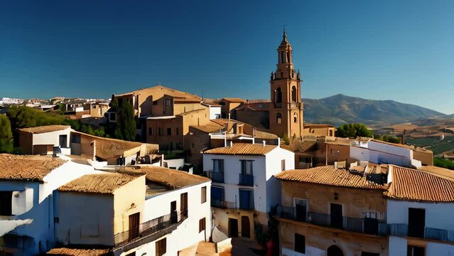 A small Spanish town with a church in the middle and white houses with tiled roofs.