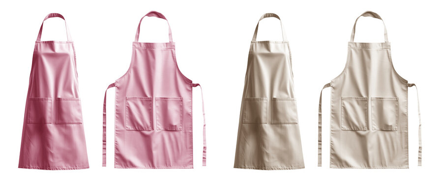 2 Set of pastel light pink beige blank apron restaurant cafe kitchen cook chef uniform, front and flay lay on transparent cutout, PNG file. Mockup template for artwork graphic design