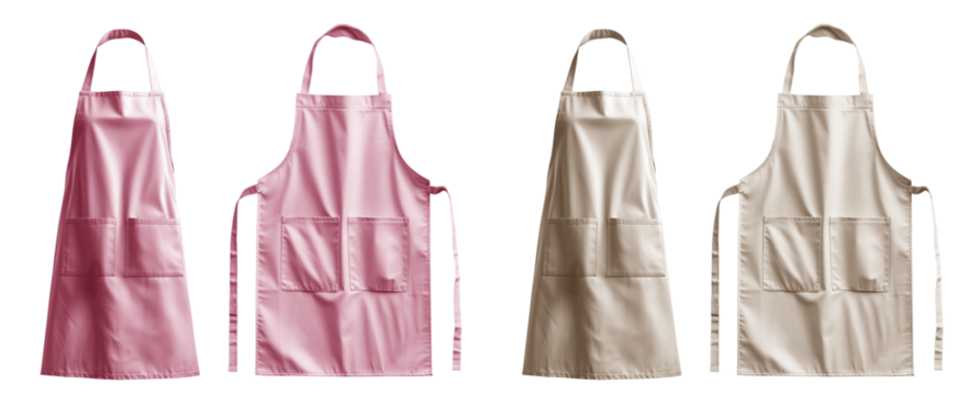 2 Set of pastel light pink beige blank apron restaurant cafe kitchen cook chef uniform, front and flay lay on transparent cutout, PNG file. Mockup template for artwork graphic design