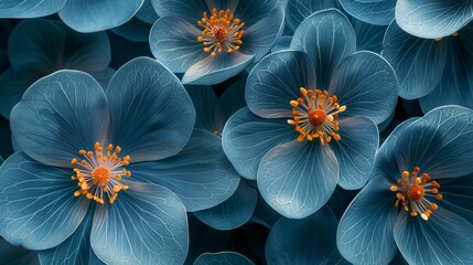   A cluster of blue blossoms with vibrant orange anthers forms the focal point of the image, positioned at its central core - obrazy, fototapety, plakaty