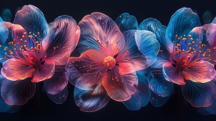   A clear close-up of a group of colorful flowers on a dark backdrop featuring a prominent blue and pink bloom in the center - obrazy, fototapety, plakaty