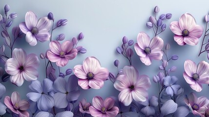   A stunning painting featuring vibrant pink and purple flowers on a serene blue background, accented by a subtle blue wall in the center - obrazy, fototapety, plakaty