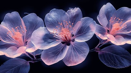   Group of purple flowers with leaves on a black background and a pink center flower in the center - obrazy, fototapety, plakaty
