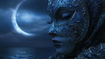 Blue Silver Venetian Mask in Moonlit Darkness Over Ocean Reflecting Mystery and Elegance