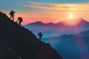 Landscape photo of three people teamwork friendship climbing the mountain, help each other trust assistance, silhouette in mountains, sunrise, gradient sky, captivating lighting  - obrazy, fototapety, plakaty