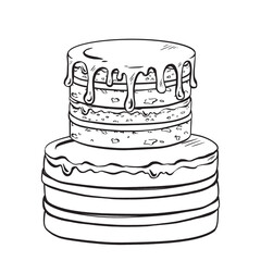 A threetiered birthday cake depicted in black and white line art drawing