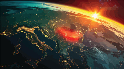 Sunrise above Romania highlighted in red on model of earth