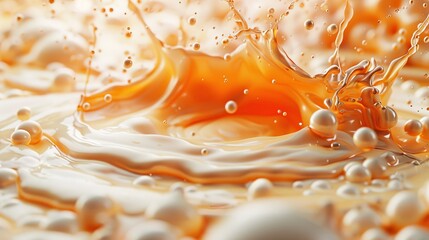   A close-up shows an orange-white mixture in the liquid - obrazy, fototapety, plakaty
