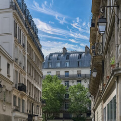 Paris, buildings in the Marais, in the center, in a typical street
