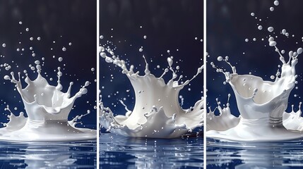   A trio of images depicting milk cascading onto a dark/white water backdrop