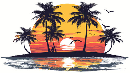 Fototapeta na wymiar Sunrise on the beach palm tree silhouette flat vector