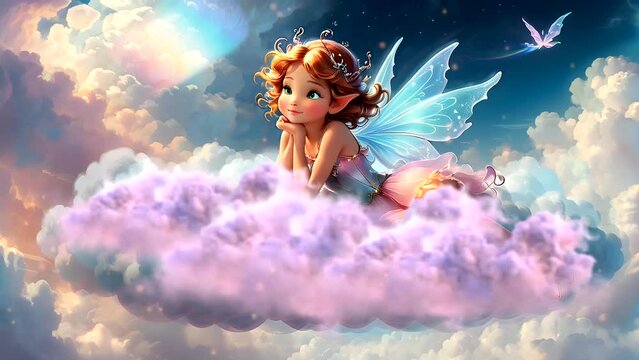 Beauty fairy in a dress on clouds