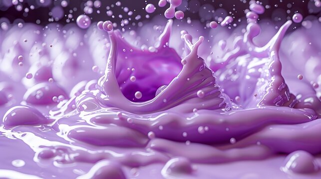   A close-up photo of a purple liquid pouring onto the surface of a body of water, with droplets of water visible