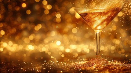   A sharp image of a drink in a glass, set against a crisp gold-sparkling backdrop - obrazy, fototapety, plakaty