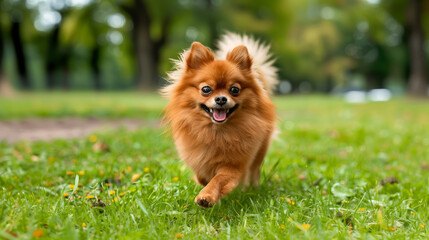 A happy, fluffy Pomeranian dog running through a grassy field with a joyful expression, photographed in natural daylight, evoking a sense of companionship and playfulness. Generative AI