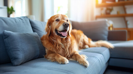 A golden retriever lying on a couch, in a well-lit home setting, conveys companionship and comfort. Generative AI