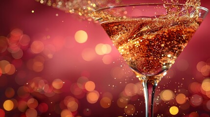   A close-up of a wine glass pouring liquid onto a red and pink backdrop - obrazy, fototapety, plakaty