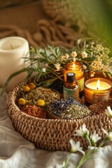 Obraz na płótnie Canvas wicker basket overflowing with essential oils, dried herbs, and a candle, showcasing variety and abundance