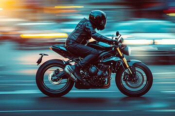 a motorcyclist is riding a bike on a road with blurry motion, In a city with crowds