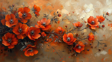   Orange flower painting on brown-white background with water droplets on the bottom - obrazy, fototapety, plakaty