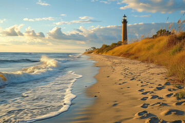 View of Currituck Lighthouse from the beach, --ar 3:2 --style raw --stylize 250 --v 6 Job ID: d50e29fe-aa90-4380-be6f-5eeba5b8a075