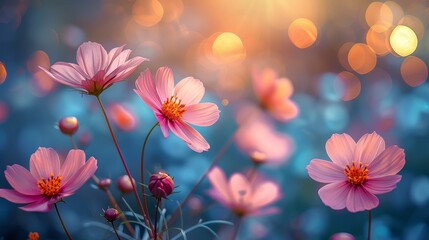   A field of vibrant pink flowers against a backdrop of blue and bright lights