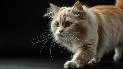 Obraz premium A tight shot of a feline against a dark backdrop, its countenance subtly softened by surrounding blur