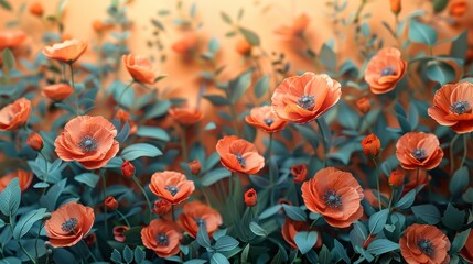   Field of orange flowers, with green leaves on stems, against yellow background and yellow sky - obrazy, fototapety, plakaty