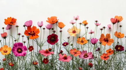   A group of flowers adjacent to each other against a white background