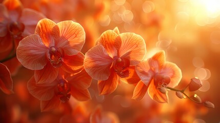   A detailed image of several blossoms on a twig, illuminated from behind by rays of light