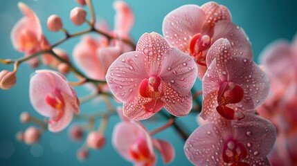   A detailed photo of a pink blossom adorned with water droplets on its petals, set against a blue backdrop