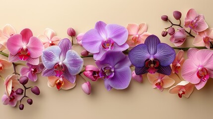 Fototapeta na wymiar A cluster of pink and purple orchids set against a beige backdrop, featuring vibrant blooms on either side of the edge