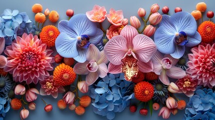   A photo of numerous blossoms - blue, pink, and orange - in the image's center