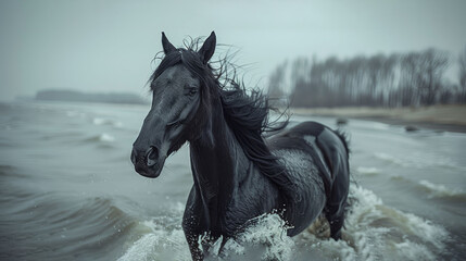   A black horse gallops through the foggy water, trees silhouetted in the background