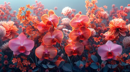   A zoomed-in image of an array of blooms featuring predominantly orange and pink hues, set against a backdrop of azure sky